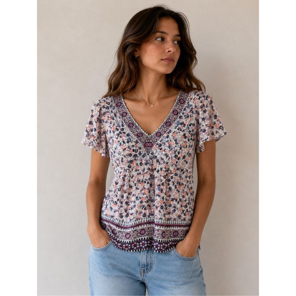 Berkley Jensen Boho Floral Peasant Top Blouse Women’s Sz M Cottagecore Romantic